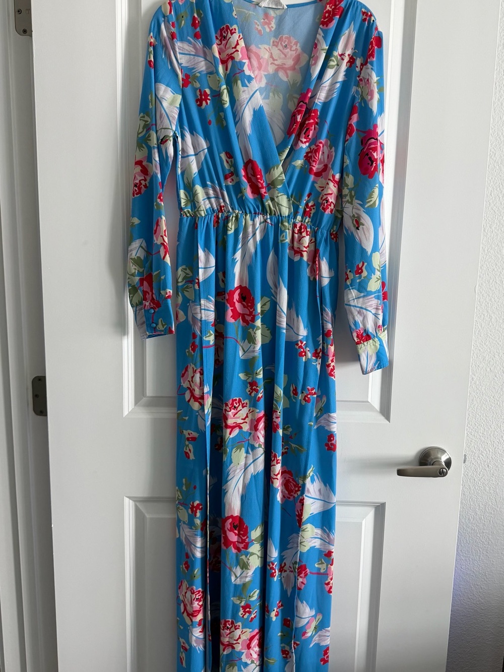 L'ATISTE Blue Floral Maxi Dress with Red & White Accents